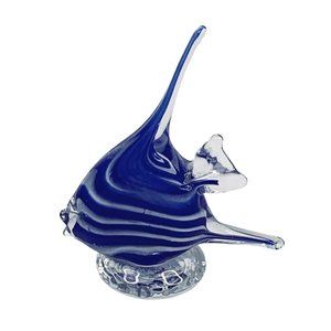 Vintage Hand Blown Art Glass Figurine Angelfish Figurine Cobalt Blue Striped